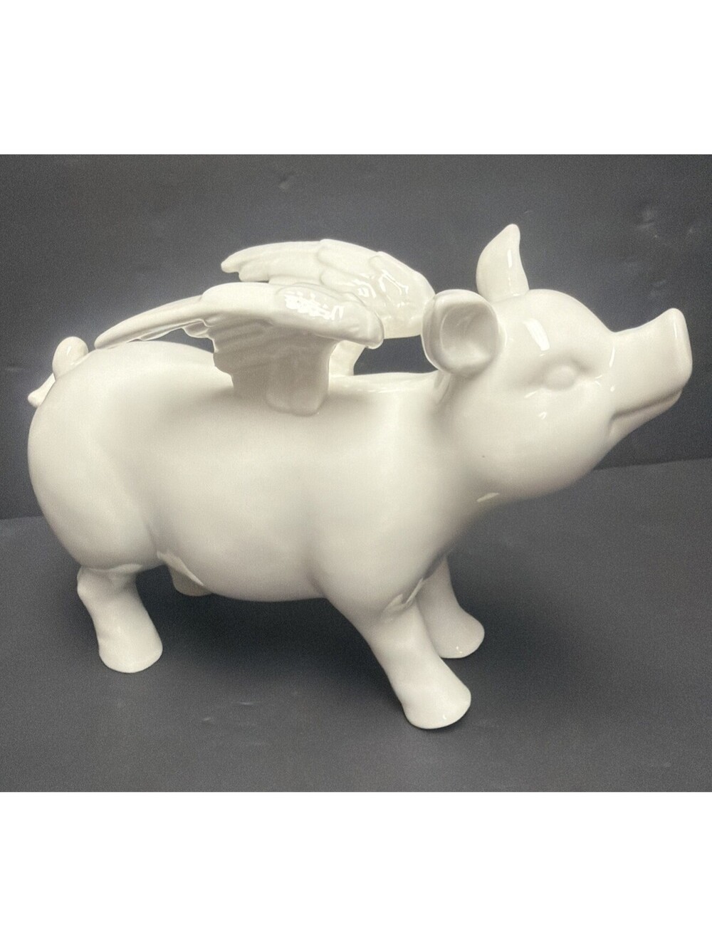 When Pigs Fly Ceramic White Figurine Pig With Wings 11.5x 7.25x4.5” Cute Nice